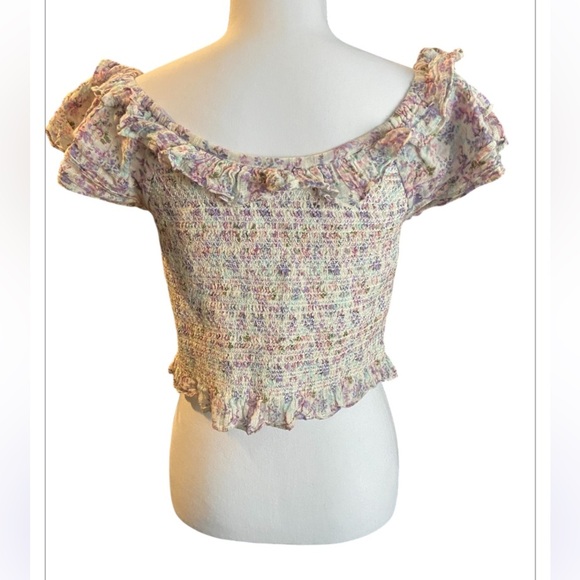 LoveShackFancy Smocked Saba Crop Top Floral Ruffle Blouse White Purple Size XL - Picture 4 of 9